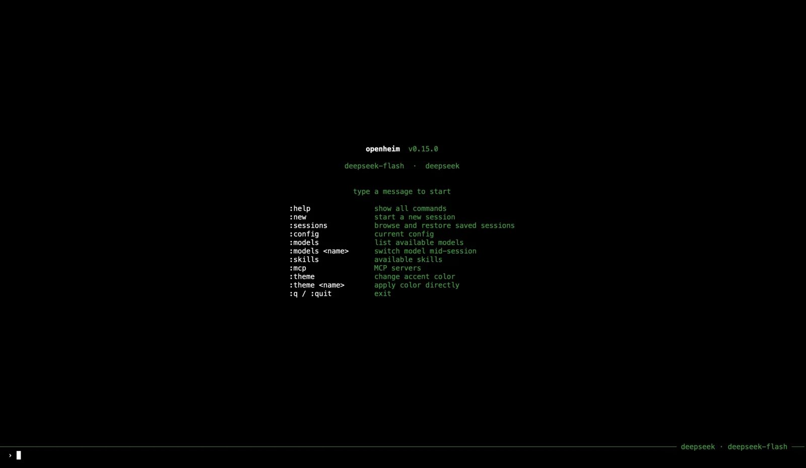 openheim TUI home screen with the green theme